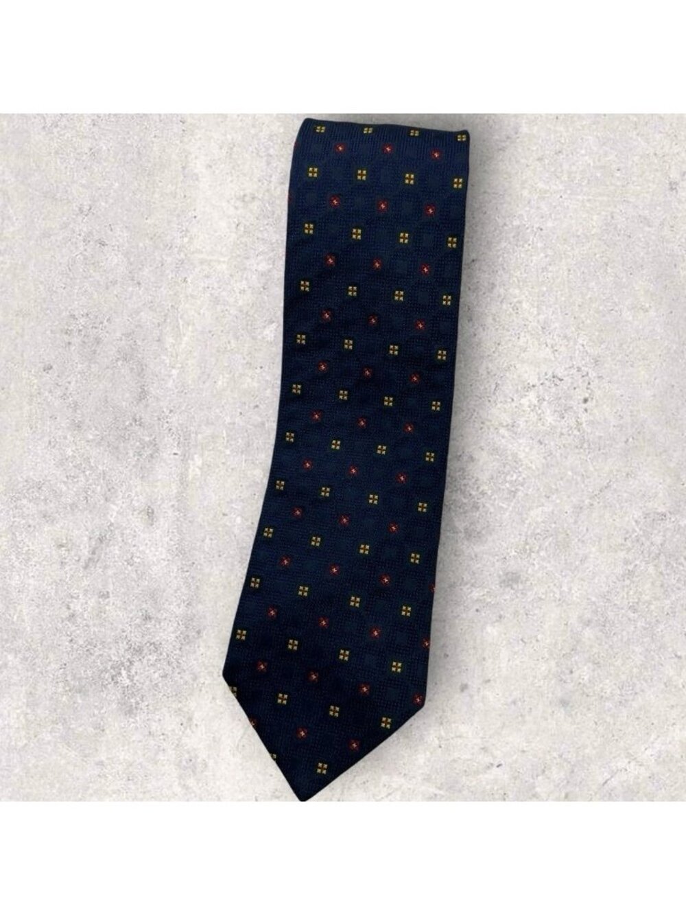 BREUER Silk Tie FRANCE Navy Red Yellow Geometric W:3.6" EUC
